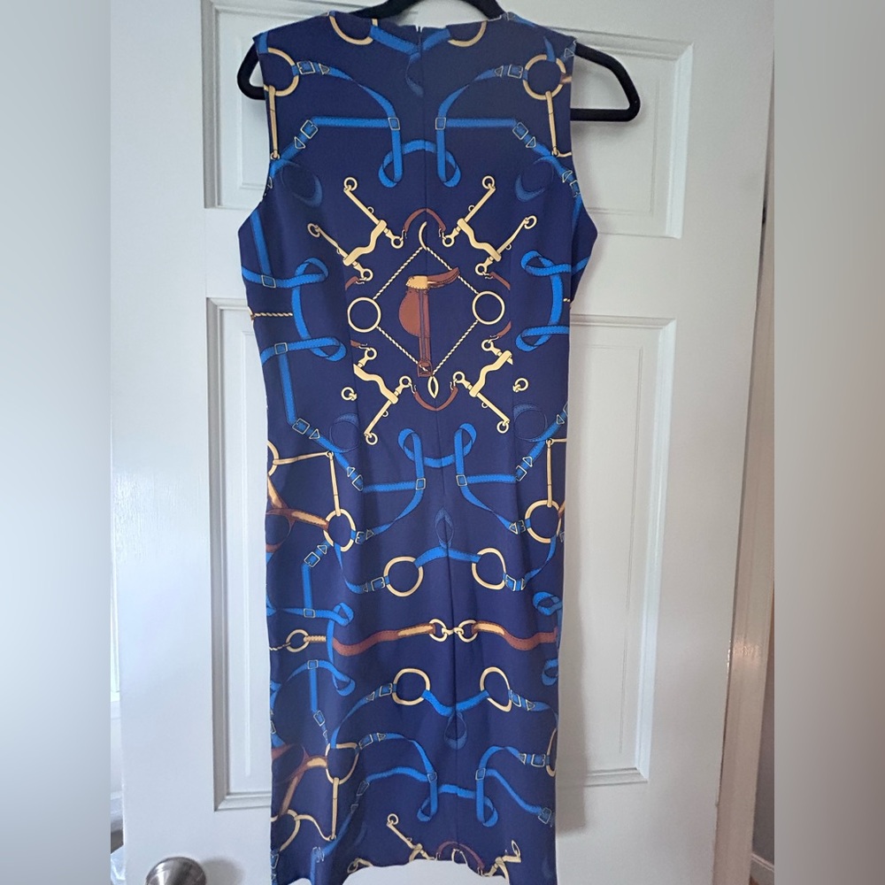 J. McLaughlin Navy Midi Dress with Equestrian Gold & Blue Print